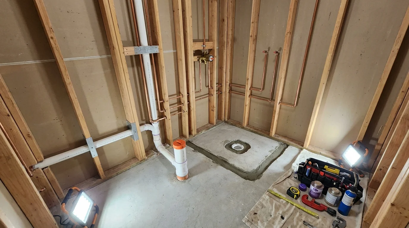 Bathroom rough-in plumbing during remodel by Johns Plumbing LLC in Sherburne