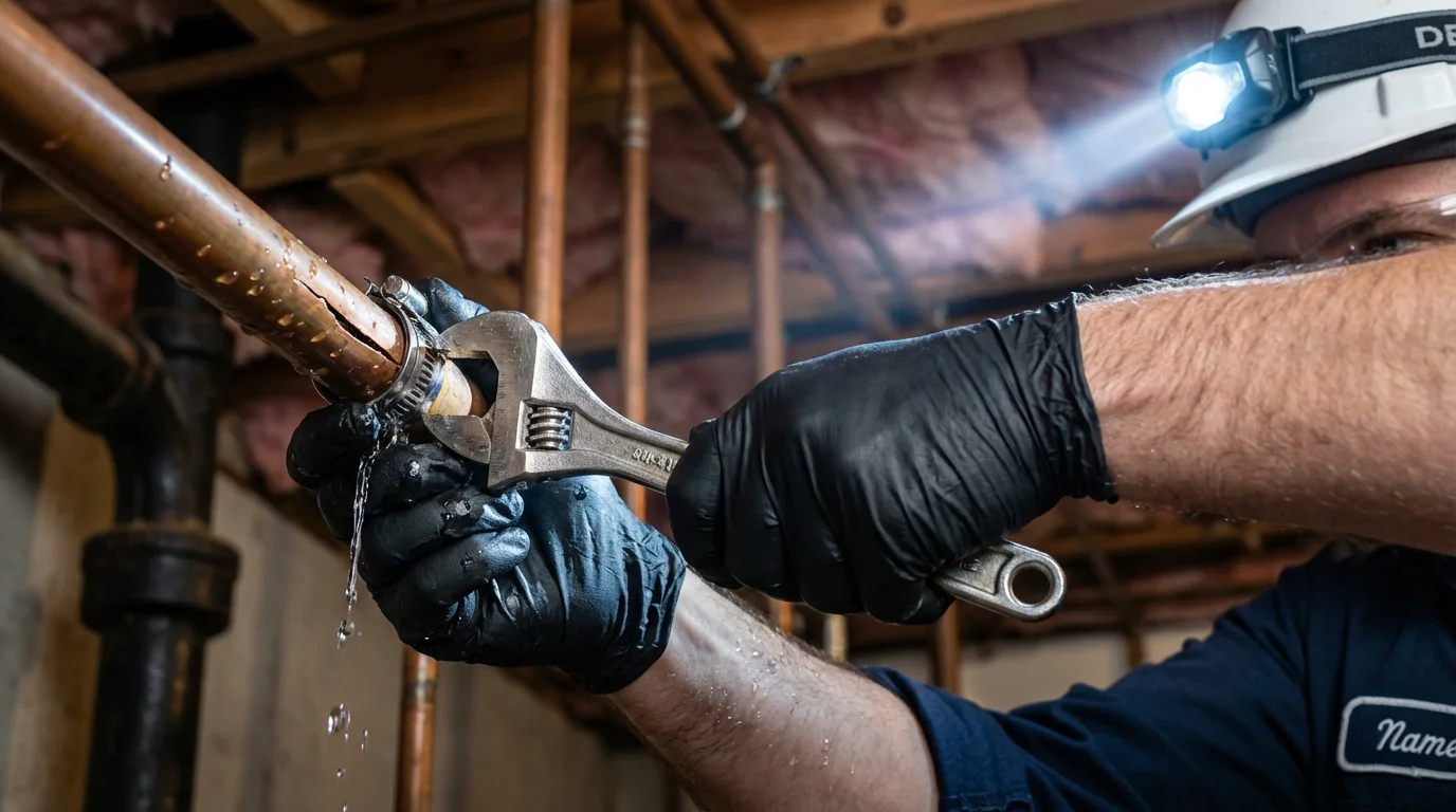 Emergency pipe clamp repair being performed by a Johns Plumbing LLC plumber in Sherburne