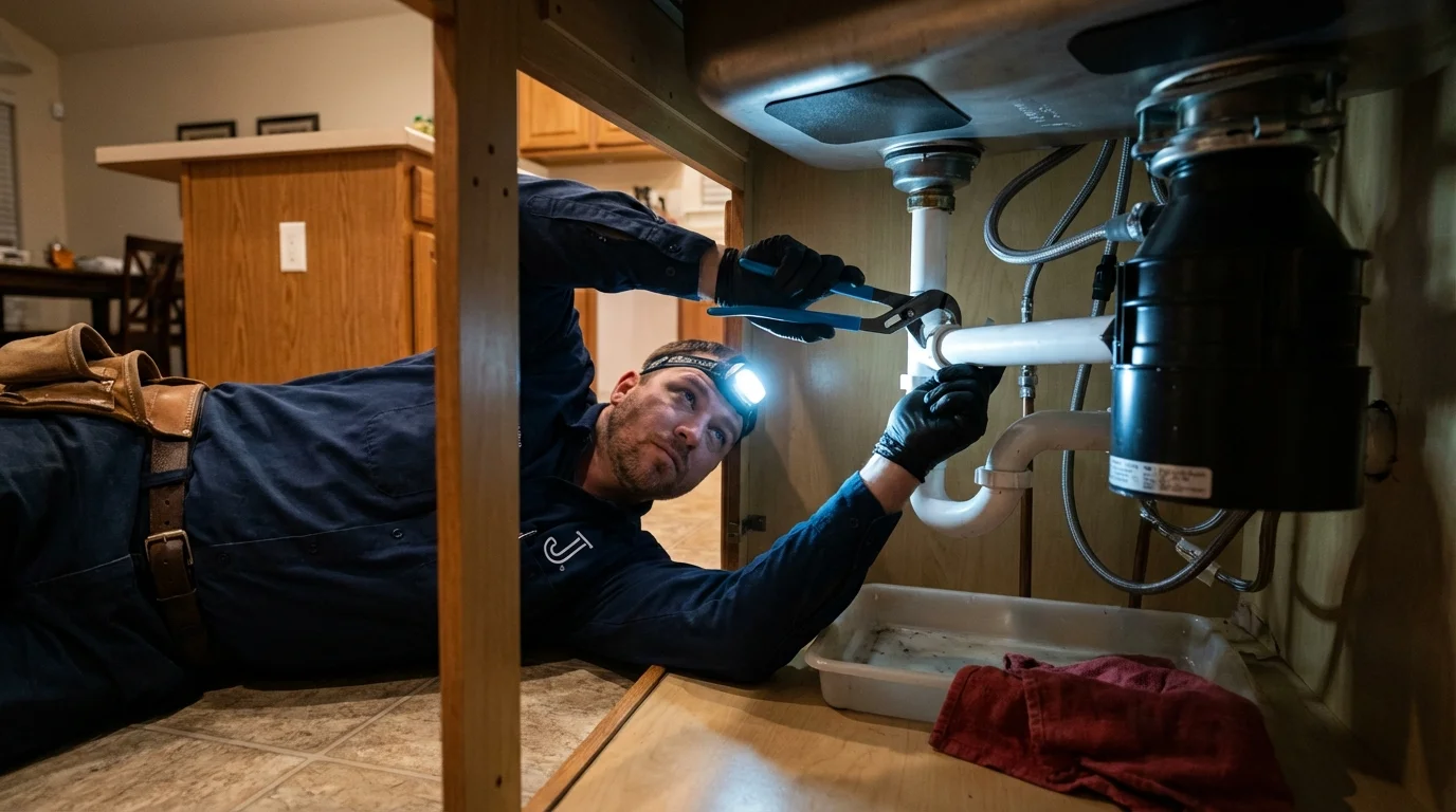 P-trap and supply line connections under a kitchen sink showing a common leak point in Sherburne, NY